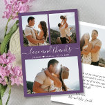 Elegant Thanks Script Mauve Photo Collage Wedding  Thank You Card<br><div class="desc">Elegant, Minimalist Hand Lettered Wedding 3 Photo Collage Thank You Card in Mauve Purple colour. Stylish wedding thank you card template featuring three photo on the front and one photo on the back. With the text "Love and thanks" in a swirly hand lettered calligraphy or typography script font in white...</div>