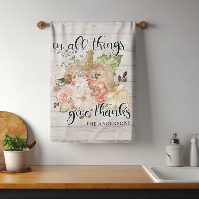 Elegant Thanksgiving Chic Floral Pumpkin Name Kitchen Towel (Creator Uploaded)