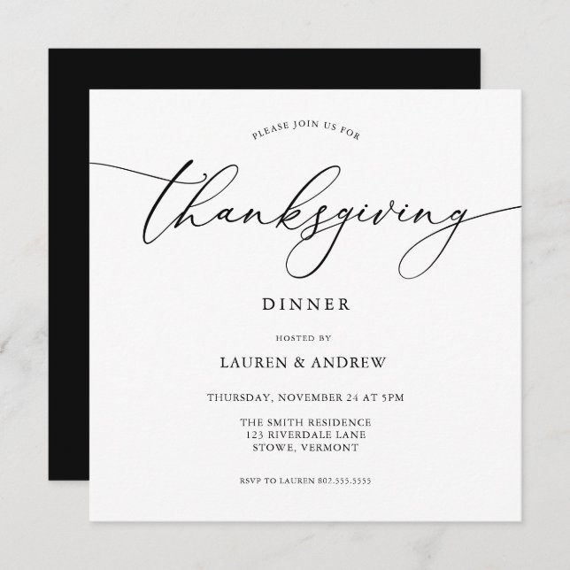 Elegant Thanksgiving Dinner Black Invitation (Front/Back)