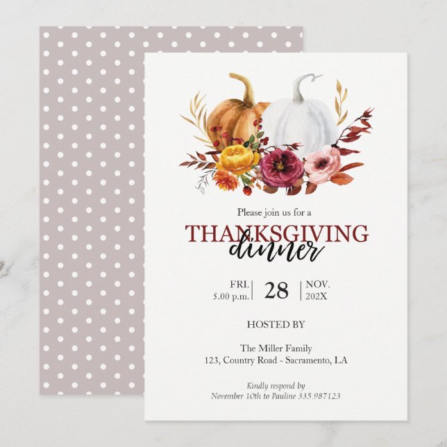 Elegant Thanksgiving Dinner floral pumpkin Invitation (Front/Back)