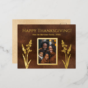 Elegant Thanksgiving Family Photo Fall Botanical  Foil Holiday Postcard