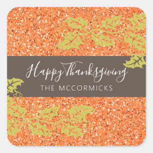 Elegant Thanksgiving Orange Glitter Customized Square Sticker
