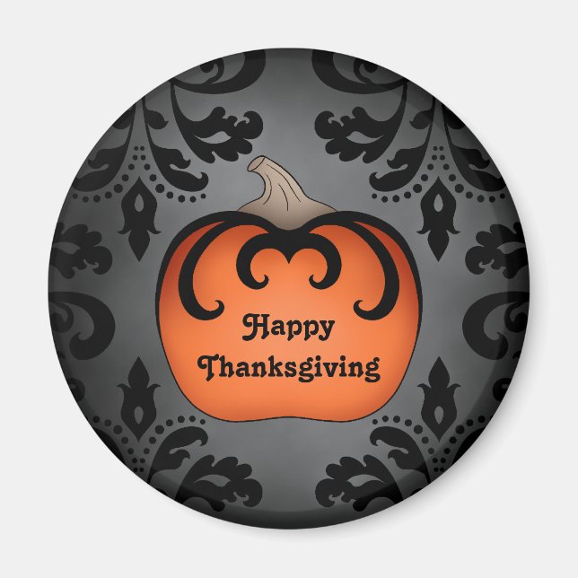 Elegant Thanksgiving pumpkin on damask Magnet (Front)