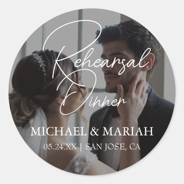 Elegant The Night Before Rehearsal Dinner Photo Classic Round Sticker (Front)
