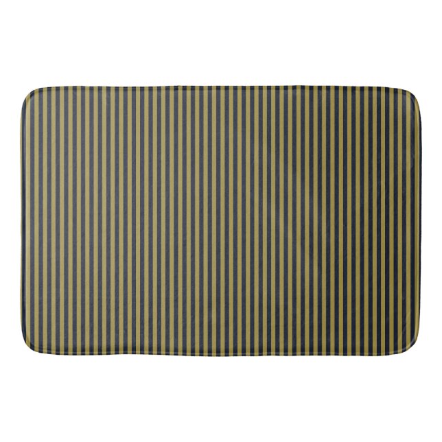Elegant Thin Gold & Navy Blue Vertical Stripes Bath Mat (Front)
