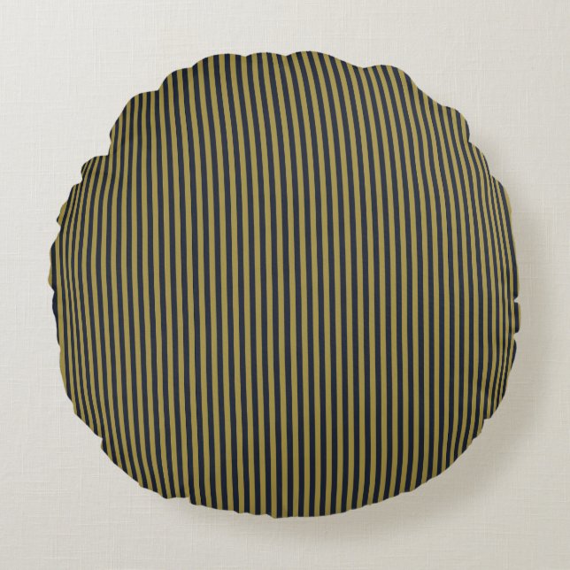 Elegant Thin Gold & Navy Blue Vertical Stripes Round Pillow (Front)