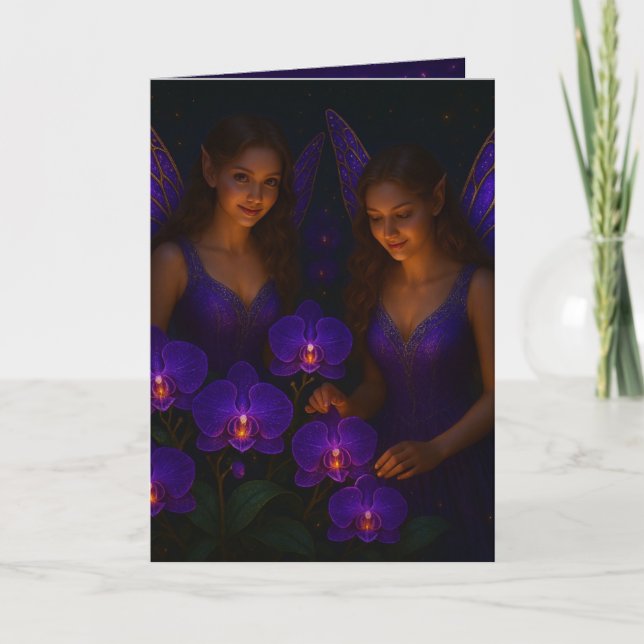 Elegant Thinking of You Purple Orchid Fairy Card (Front)