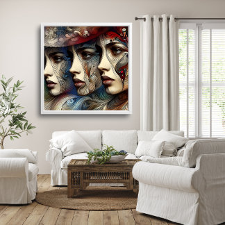 Elegant Three Female Faces Profile Artwork Poster