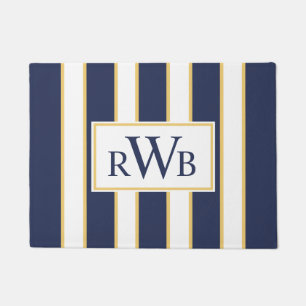 Elegant Three Letter Monogram Blue White Stripe Doormat