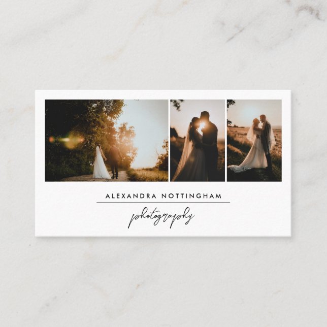 Elegant Three Photo Collage Wedding Photography Business Card (Front)