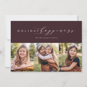 Elegant three-photo plum Christmas happiness Holiday Card
