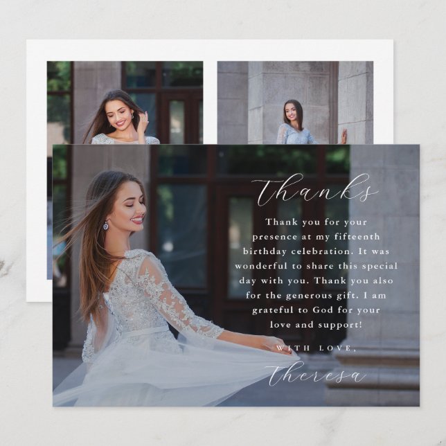 Elegant Three Photo Quinceanera Thank You Invitation (Front/Back)