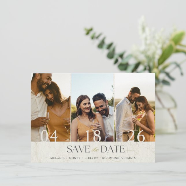 Elegant Three Photo Wedding Save the Date (Standing Front)