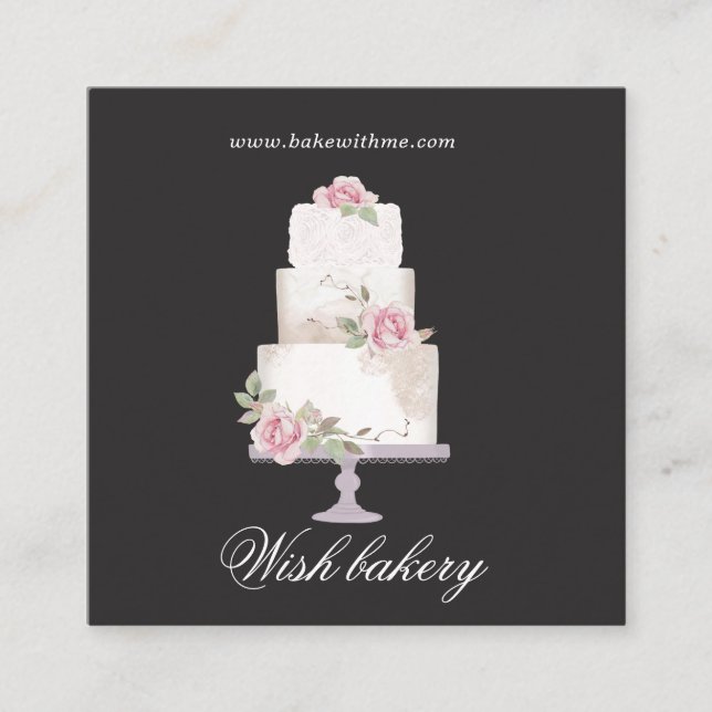 elegant three tier cake bakery square square business card (Front)