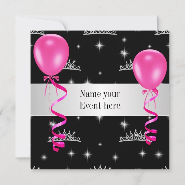 Elegant Tiara Black Pink Balloons Special Event Invitation (Front)
