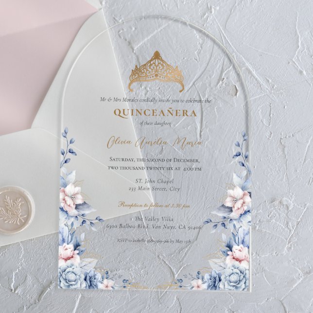 Elegant Tiara Gold Blue roses Quinceañera Acrylic Invitations (Creator Uploaded)