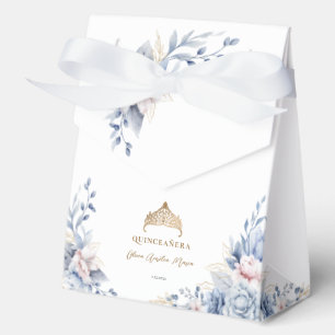 Elegant Tiara Gold Blue roses Quinceañera Favor Box
