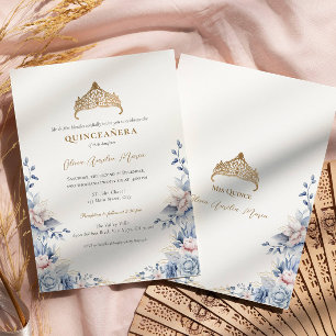 Elegant Tiara Gold Blue roses Quinceañera Invitati Invitation