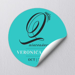 Elegant Tiara Turquoise 15th Quinceañera Name  Classic Round Sticker