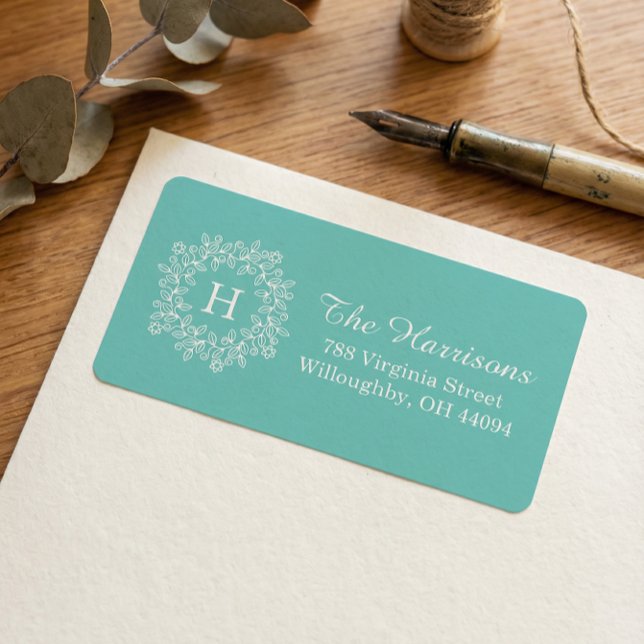 Elegant Tiffany Teal green Floral Wreath Monogram Label (Creator Uploaded)
