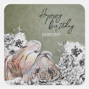 Elegant Tiger Botanical Floral Sage Gold Birthday Square Sticker