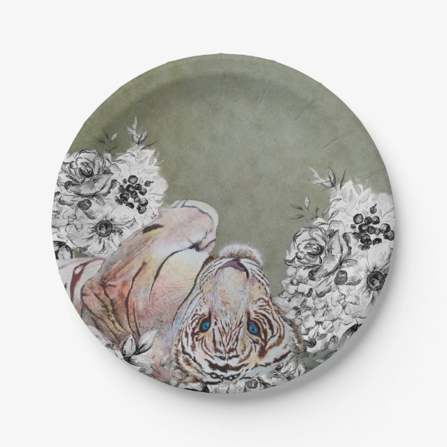 Elegant Tiger Botanical Floral Sage Gold Party Paper Plate (Front)