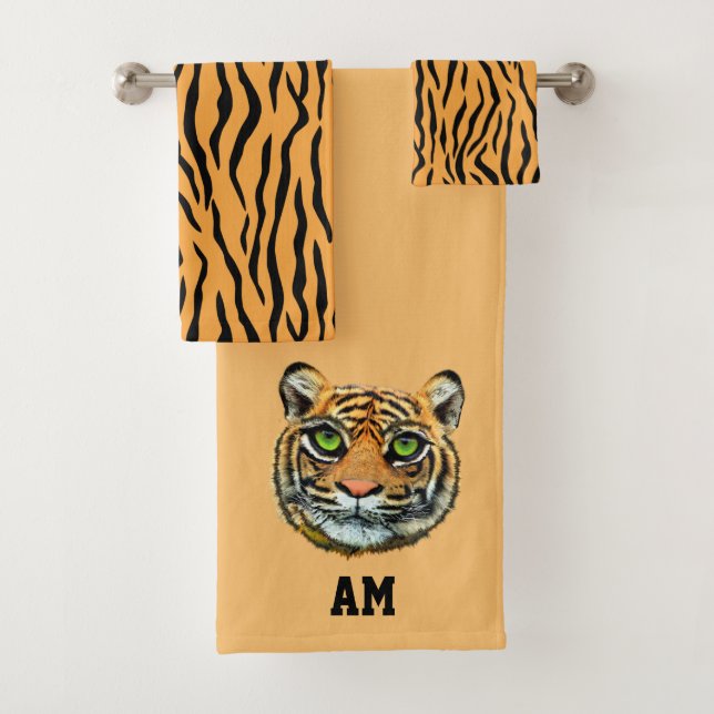 Elegant tiger face and monogram bath towel set (Insitu)