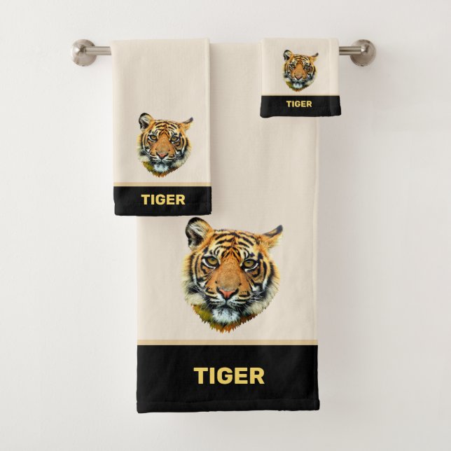 Elegant tiger face on  beige and black bath towel set (Insitu)