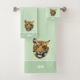Elegant tiger face on lime green bath towel set
