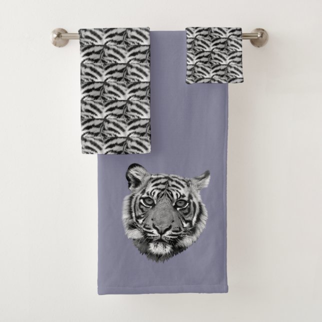 Elegant Tiger Face on Roman Silver Grey Bath Towel Set (Insitu)
