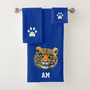Elegant tiger face, paws and monogram on blue bath towel set