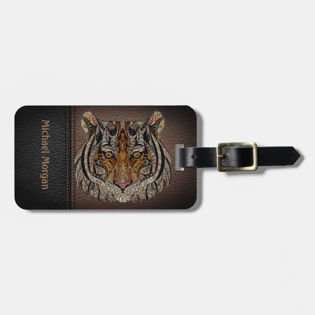 Elegant, Tiger Head Leathe Look- Personalized Luggage Tag (Front Horizontal)