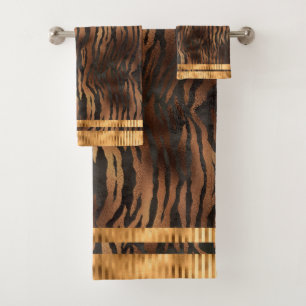 Elegant Tiger Print Gold Metallic Glam Chic Bath Towel Set