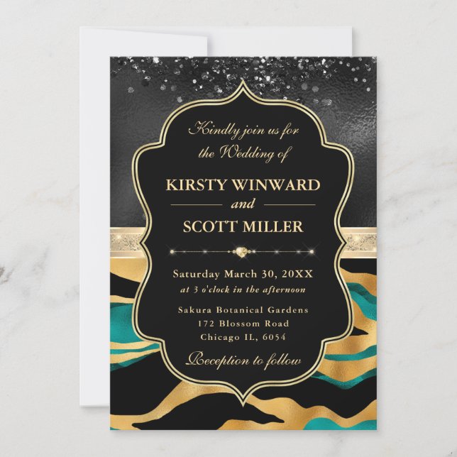 Elegant Tiger Stripes Black Glitter Wedding Invitation (Front)