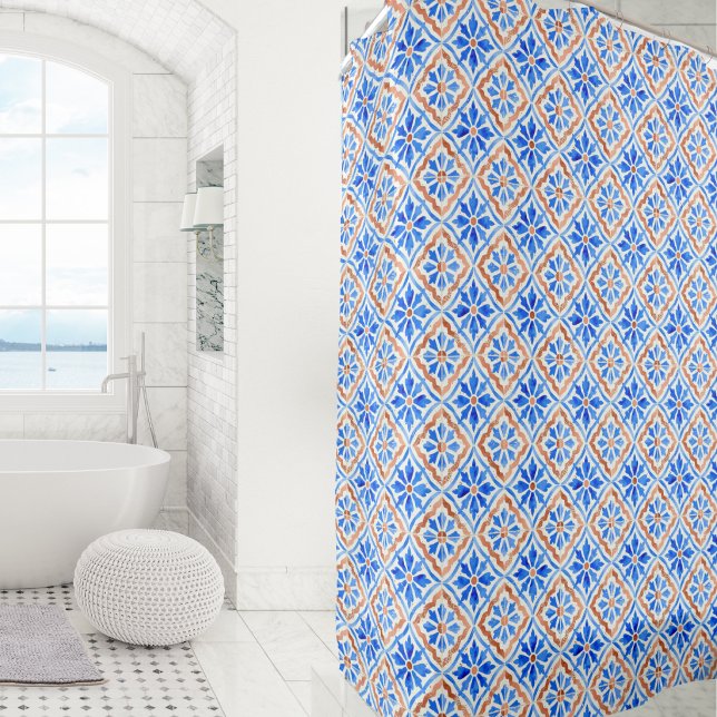 Elegant Tile Pattern Mediterranean Italy Blue (A shower curtain inspired by Mediterranean style, with tile pattern in blue, terracotta and cream)