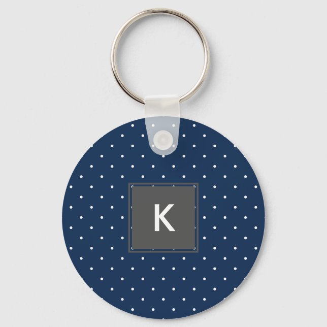 elegant tiny navy blue white polka dots pattern keychain (Front)