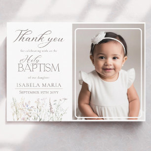 Elegant Tiny Wildflowers baptism photo Thank You Card
