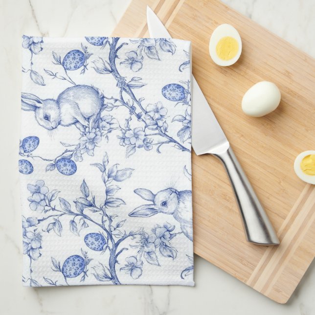 Elegant Toile De Jouy Blue Easter Bunny Kitchen Towel (Quarter Fold)