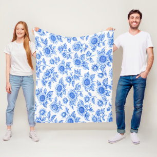 Elegant Toile du Jouy Sunflowers – Blue Botanical Fleece Blanket