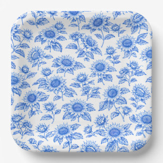Elegant Toile du Jouy Sunflowers – Blue Botanical Paper Plate
