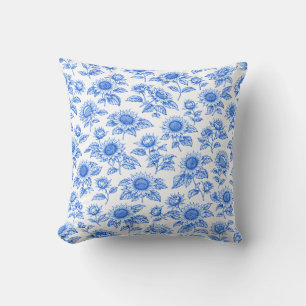 Elegant Toile du Jouy Sunflowers – Blue Botanical  Throw Pillow