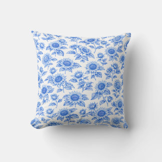 Elegant Toile du Jouy Sunflowers – Blue Botanical Throw Pillow
