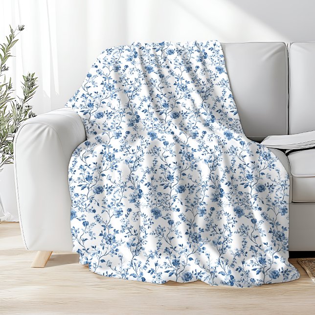 Elegant Toile Floral Pattern Blue and White Fleece Blanket (Elegant blue and white toile pattern fleece blanket - perfect staying cosy in style!)