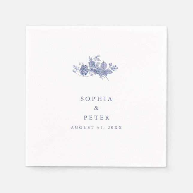 Elegant Toile French Blue Floral Wedding Napkin (Front)