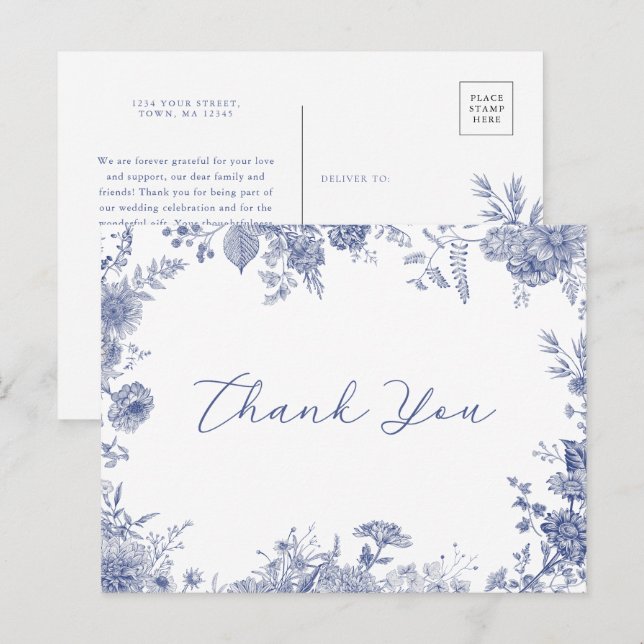 Elegant Toile French Blue Thank You postcard (Front/Back)