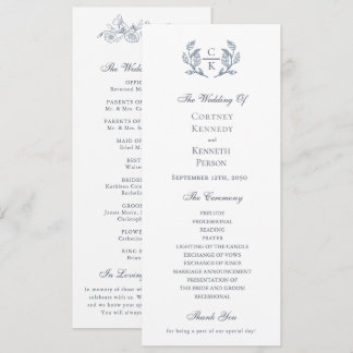 Elegant Toile Monogram Blue Crest Wedding Program