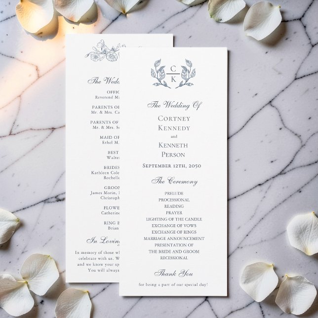 Elegant Toile Monogram Blue Crest Wedding Program  (Creator Uploaded)