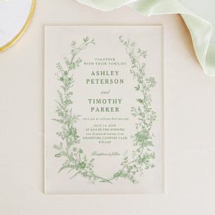 Elegant Toile Sage Green Floral Wedding Acrylic Invitations