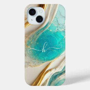 Elegant Topaz Blue Gold Veins Marble Monogrammed iPhone 15 Case
