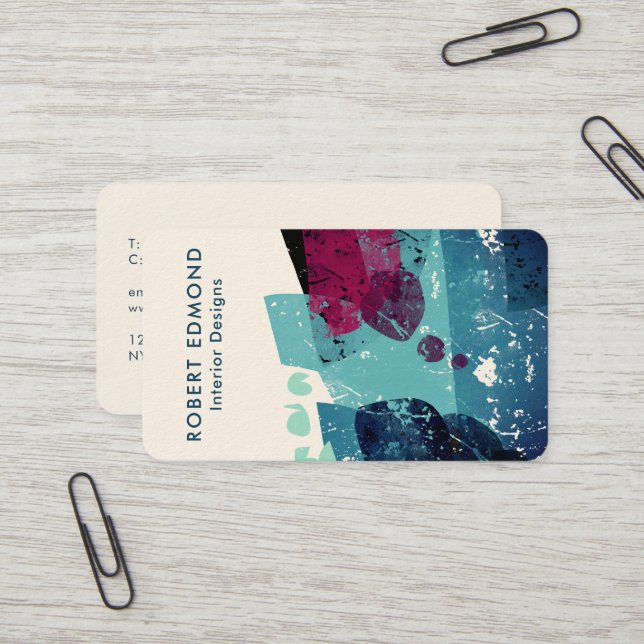 Elegant Torquoise Blue and Burgundy Abstract QR Business Card (Front/Back In Situ)